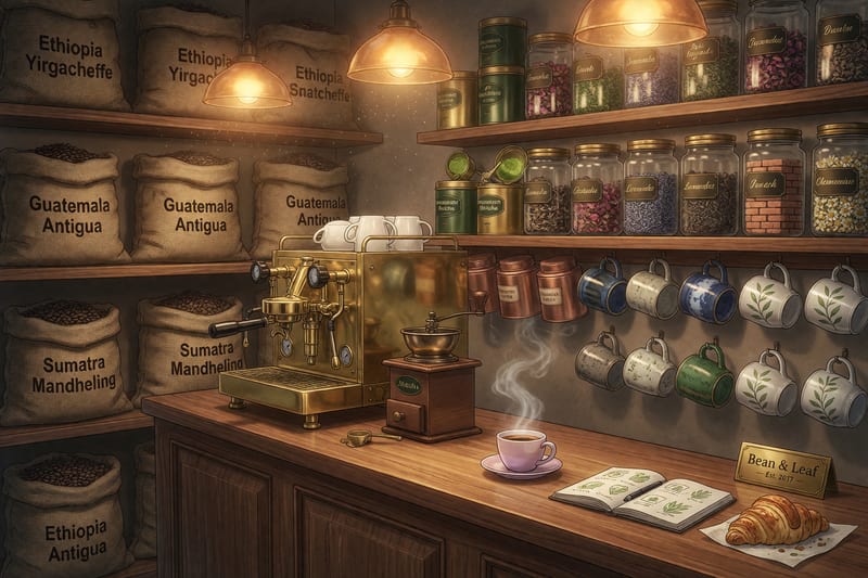 Bean & Leaf interior — anime-style coffee-and-tea house with burlap bags of coffee beans, glass canisters of loose-leaf tea, and a brass espresso machine