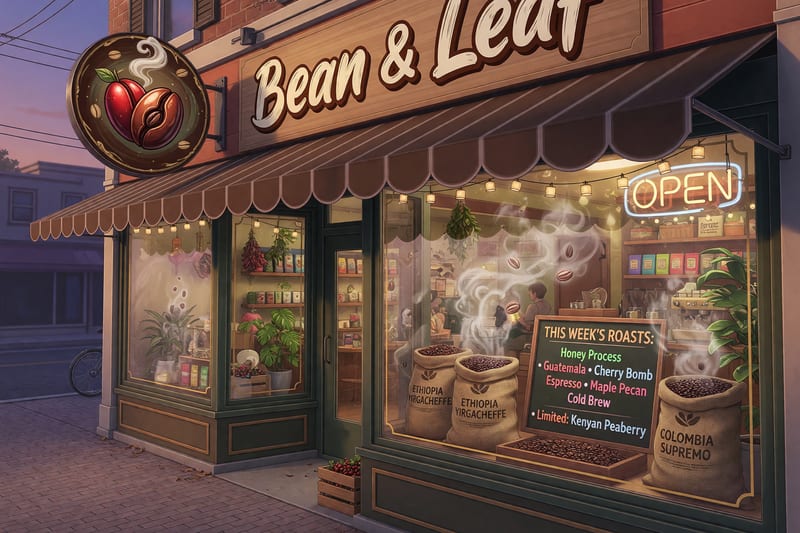 Bean & Leaf storefront — espresso-brown awning over a warm painted facade with a coffee-cherry emblem and steam on the window