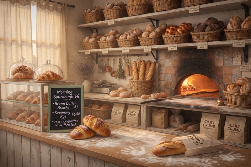 Daily Crumb Bakehouse interior — anime-style bakery with a wall of sourdough boules and baguettes in wicker baskets by a glowing brick oven
