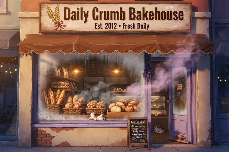 Daily Crumb Bakehouse storefront — crust-brown awning over a rustic facade with a wheat-sheaf emblem and a steamed-up window of bread