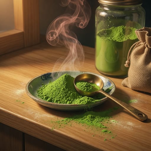 Anime-style illustration of vivid green matcha powder with a brass scoop on a wood counter