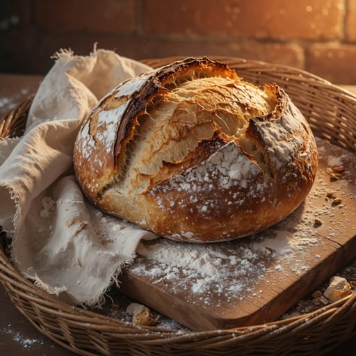 Anime-style illustration of a sourdough loaf on a flour-dusted wooden board in warm oven-side light