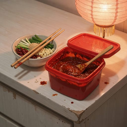 Anime-style illustration of a tub of gochujang chili paste under a warm paper lantern
