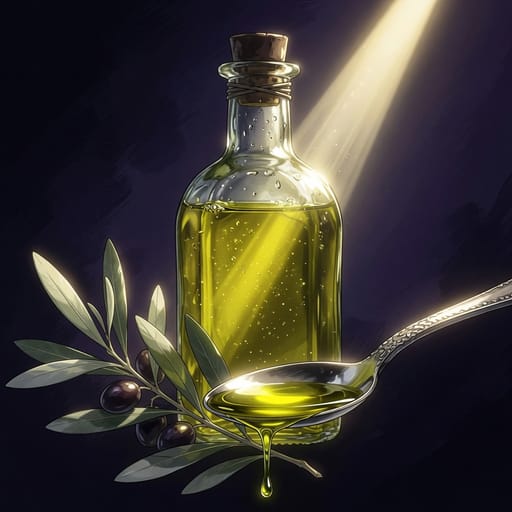 Anime-style illustration of a backlit bottle of extra-virgin olive oil glowing gold
