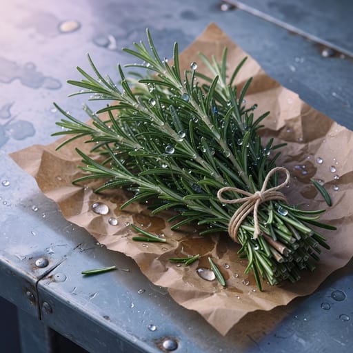 Anime-style illustration of a fresh rosemary bundle tied with twine — an ingredient before cooking