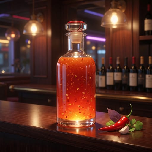 Anime-style illustration of a glowing bottle of hot sauce on a dark walnut shelf with a fresh chili beside it