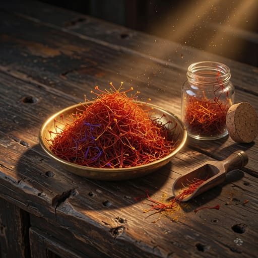 Anime-style illustration of saffron threads mounded in a brass bowl on a dark wood counter