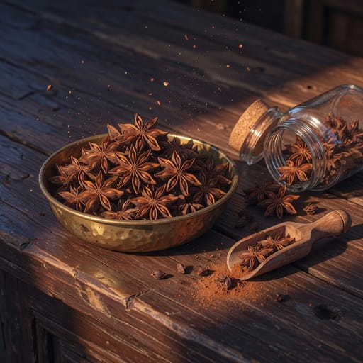 Anime-style illustration of star anise pods in a brass bowl with rising dust in warm side light