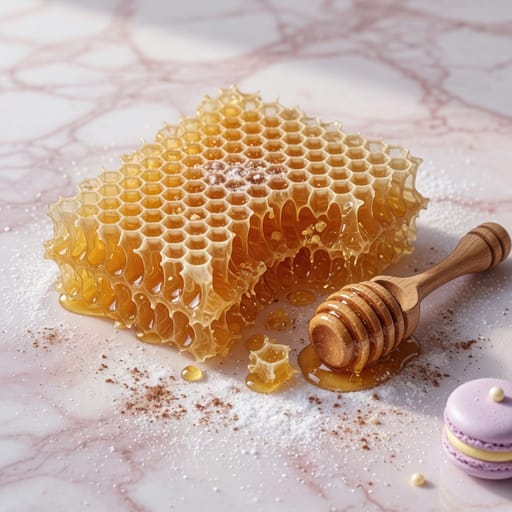 Anime-style illustration of a golden honeycomb slab on a marble counter