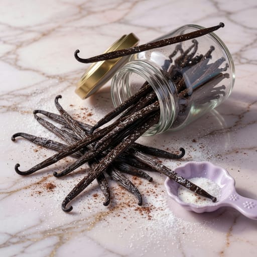 Anime-style illustration of vanilla beans on a marble baking counter