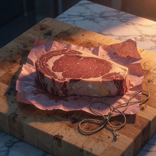 Anime-style illustration of a ribeye steak on the butcher block — an ingredient before cooking