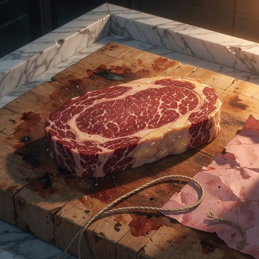 Anime-style illustration of a wagyu beef cut with dense marbling on the butcher's block