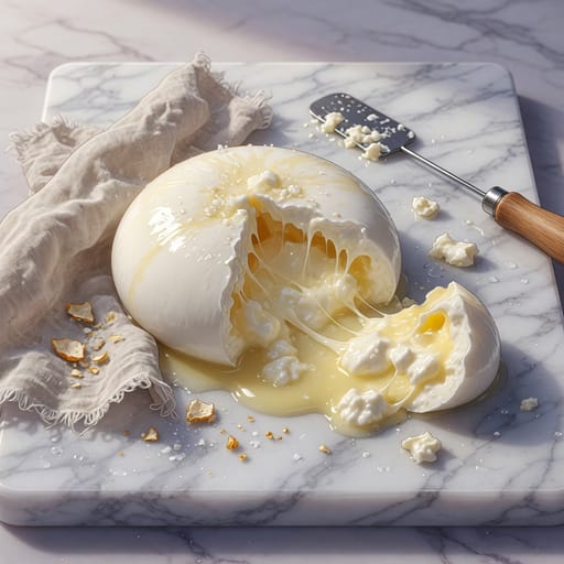 Anime-style illustration of burrata on a marble slab with a torn wedge showing the creamy center