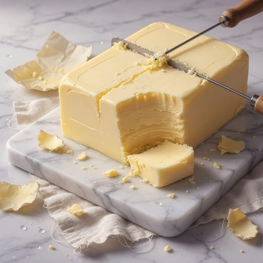 Anime-style illustration of cultured butter on a marble slab — an ingredient before cooking