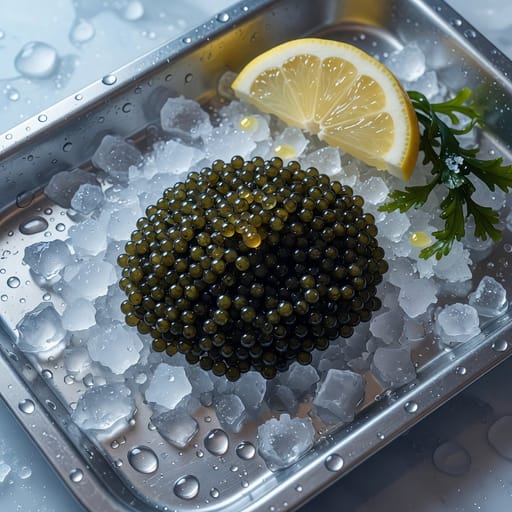 Anime-style illustration of caviar on a bed of crushed ice on a stainless tray
