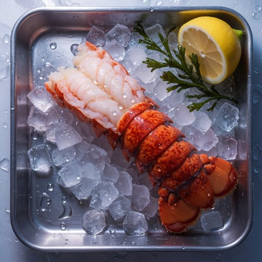 Anime-style illustration of a lobster tail on crushed ice with a sprig of seaweed