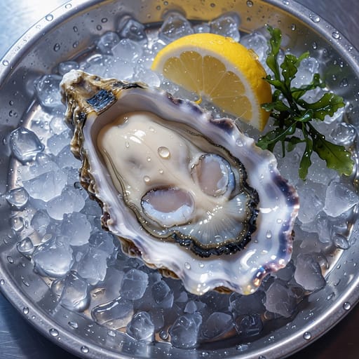 Anime-style illustration of fresh oysters on crushed ice with a lemon half