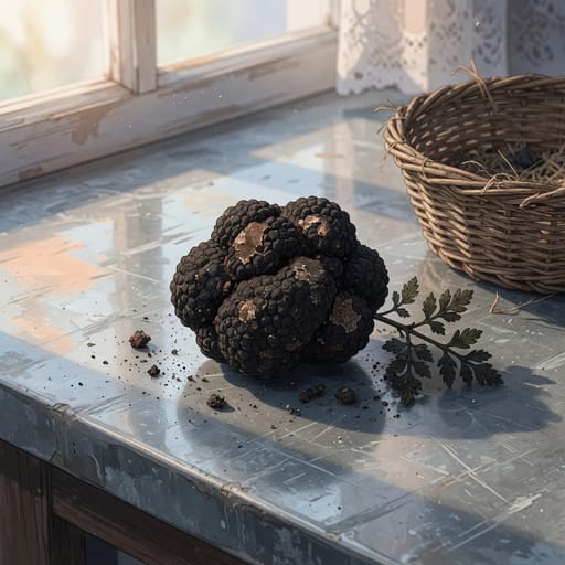 Anime-style illustration of a black truffle on a scrubbed zinc greengrocer counter