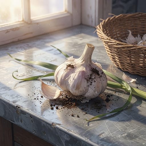 Anime-style illustration of a garlic bulb on a zinc counter — an ingredient before cooking