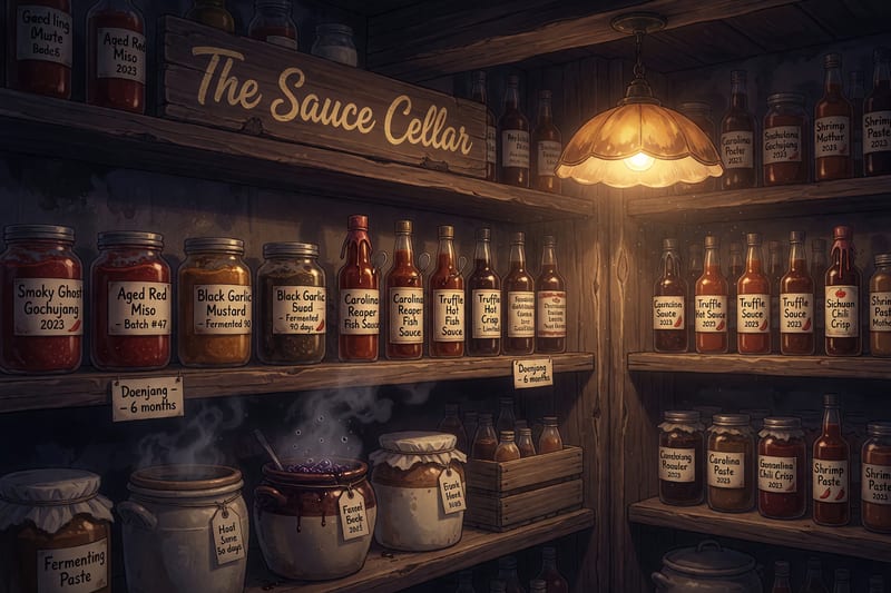 The Sauce Cellar interior — anime-style dim cellar with floor-to-ceiling shelves of jars and bottles of gochujang, miso, and hot sauce under a warm pendant light