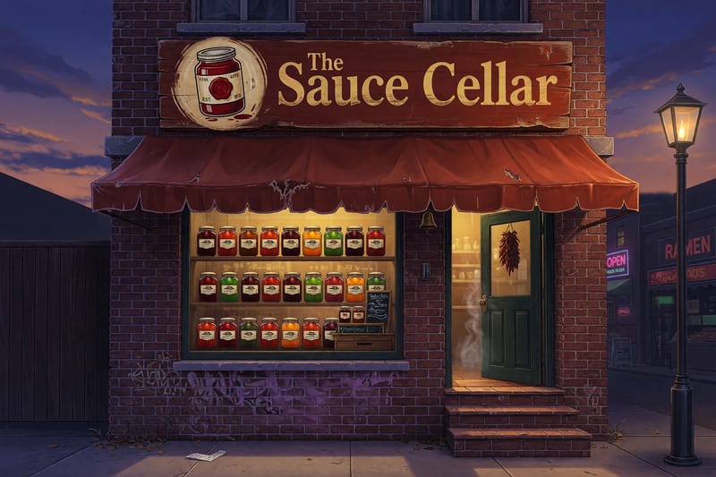The Sauce Cellar storefront at dusk — rust-red awning over a weathered brick facade with a glowing window of sauce jars