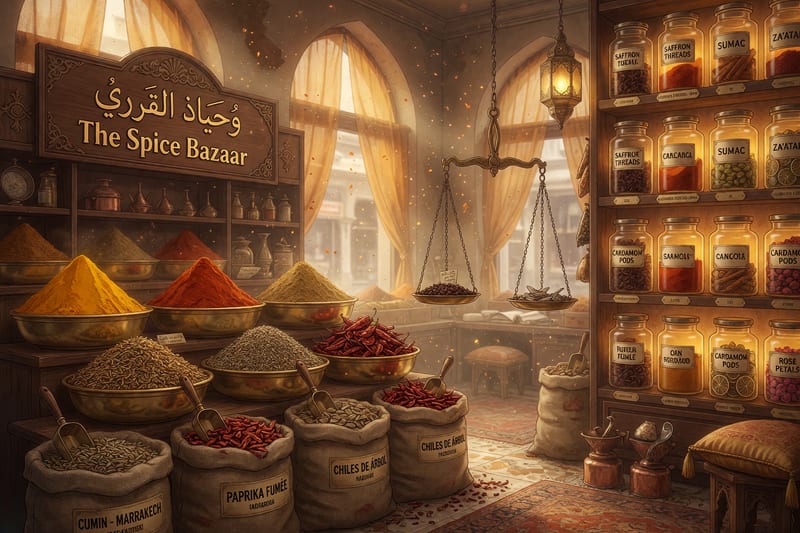 The Spice Bazaar interior — anime-style spice shop with pyramids of turmeric and paprika in brass bowls under dusty golden light
