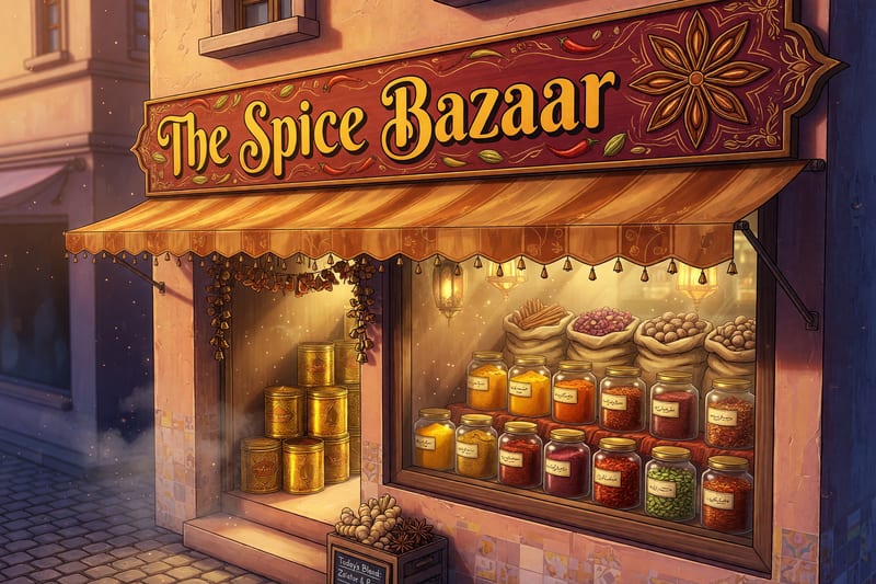 The Spice Bazaar storefront — amber-gold awning over a warm stucco facade with a star-anise emblem
