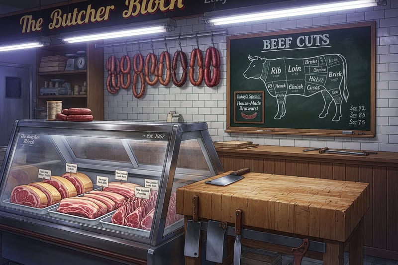 The Butcher Block interior — anime-style butcher shop with a glass case of marbled steaks and a scarred maple cutting block