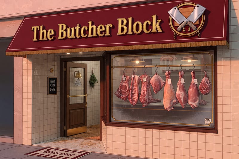 The Butcher Block storefront — oxblood-red awning over a tiled facade with gilt lettering and a crossed-cleavers emblem