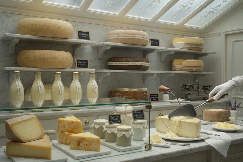 The Creamery interior — anime-style fromagerie with cheese wheels stacked on marble shelving and crocks of cultured butter in soft light