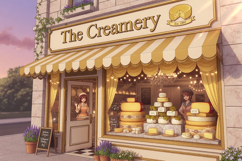 The Creamery storefront — cream-and-gold awning over a pale limestone facade with a cheese-wheel emblem