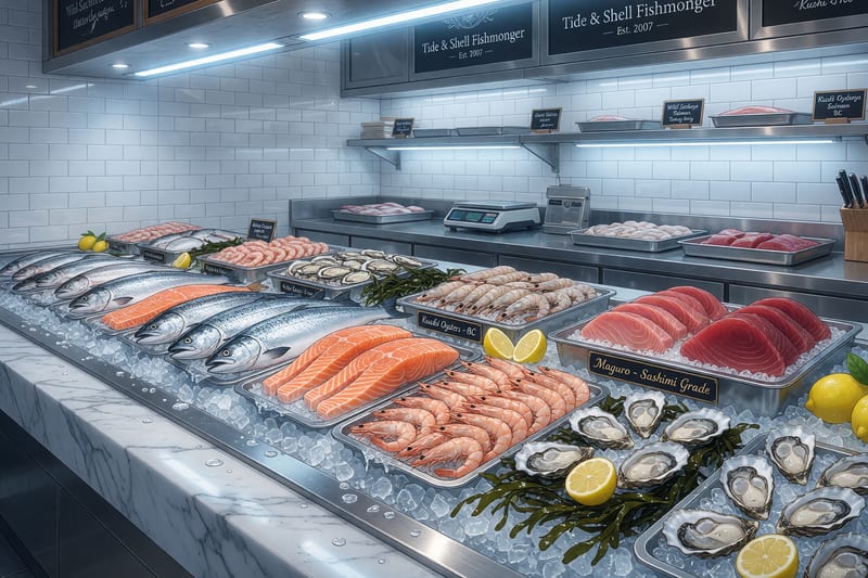 Tide & Shell Fishmonger interior — anime-style fish shop with whole fish, shrimp, and oysters arranged on crushed ice under cool light