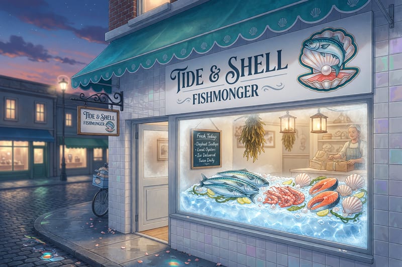 Tide & Shell Fishmonger storefront — sea-glass teal awning over a white-tiled facade with a fish-and-shell emblem