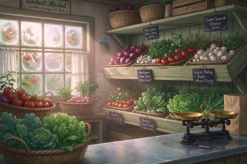 Verdant Market interior — anime-style greengrocer with wooden tiers and baskets heaped with onions, garlic, tomatoes, and leafy greens in morning light
