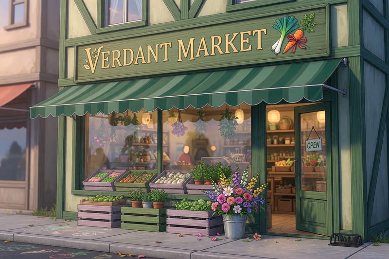 Verdant Market storefront — painted timber facade with forest-green awning and gold lettering